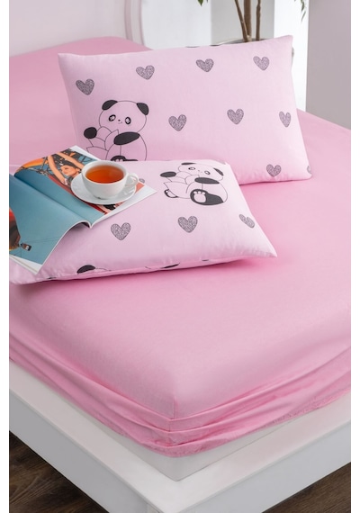 Valezium Pembe Panda Baskılı Kumaş Lastikli Fıtted Yastıklı Çarşaf Seti 100x200 Pembe Siyah