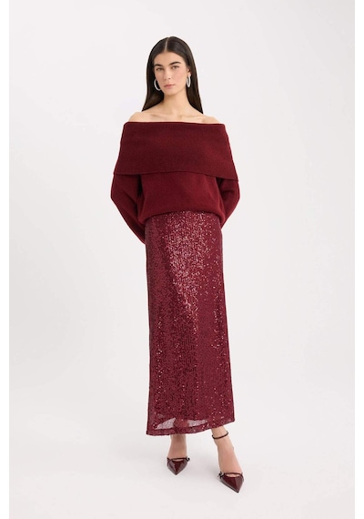 DeFacto A Kesim Normal Bel Payetli Kumaş Maxi Etek E2440AX24WNBR468 Bordo