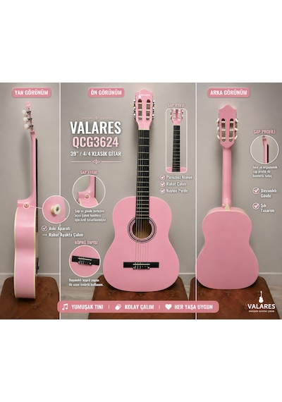 Valares Qcg3624 Klasik Gitar Soft Pembe Tasarım 39 4/4 Sap Ayarlı Köşe Korumalı Askı Aparatlı Yumuşak Tını