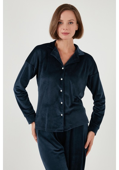 Lela  Regular Fit Parlak Kadife Ribanalı Bayan Pijama Takımı 6097110 Lacivert