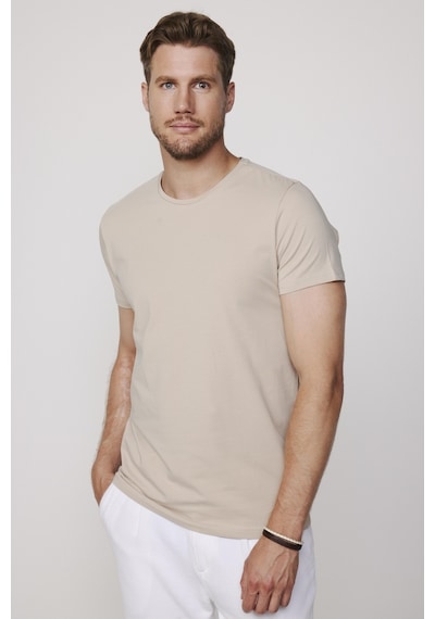 Tudors Slim Fit Bisiklet Yaka Düz Basıc Kısa Kol Taş Rengi T-Shirt-27719-Taş
