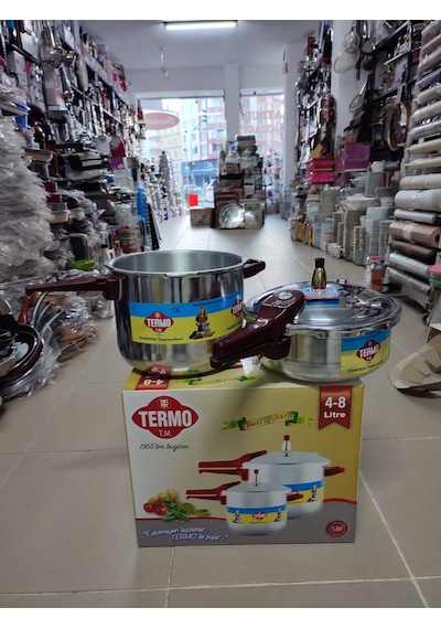 Termo Alüminyum Düdüklü Tencere 8lt Ve 4lt Tek Kapak İki Tencre Gümüş