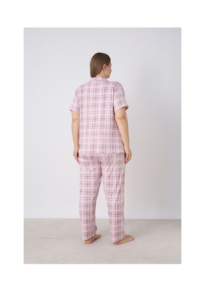 Estiva Kadın Kareli Pembe Kısa Kollu Önden Düğmeli Soft Battal Pijama Takımı Çok renkli