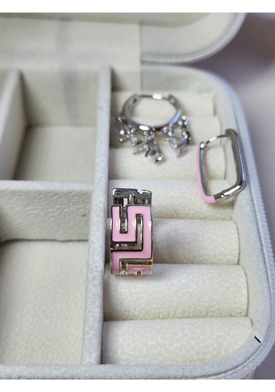 3'lü Mineli Pembe Halka Shakira Dikdörtgen Çelik Silver Küpe Seti Pembe