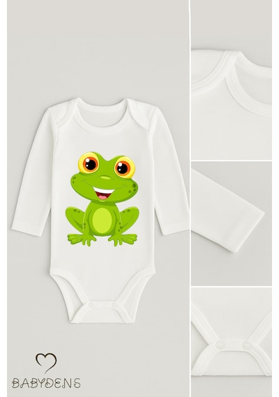 Babyden's Sevimli Hayvan Figürlü %100 Pamuk Uzun Kollu Çıtçıtlı Bebek Body Kurbağa Beyaz