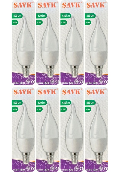 8 Adet Şavk 5,5w 37w Beyaz Işık 6500k E14 Duylu İnce Duy Led Kıvrık Ampul
