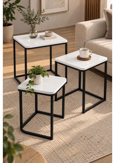Sulorahome Beyaz 3'lü Kare Zigon Sehpa Seti Metal Ayaklı
