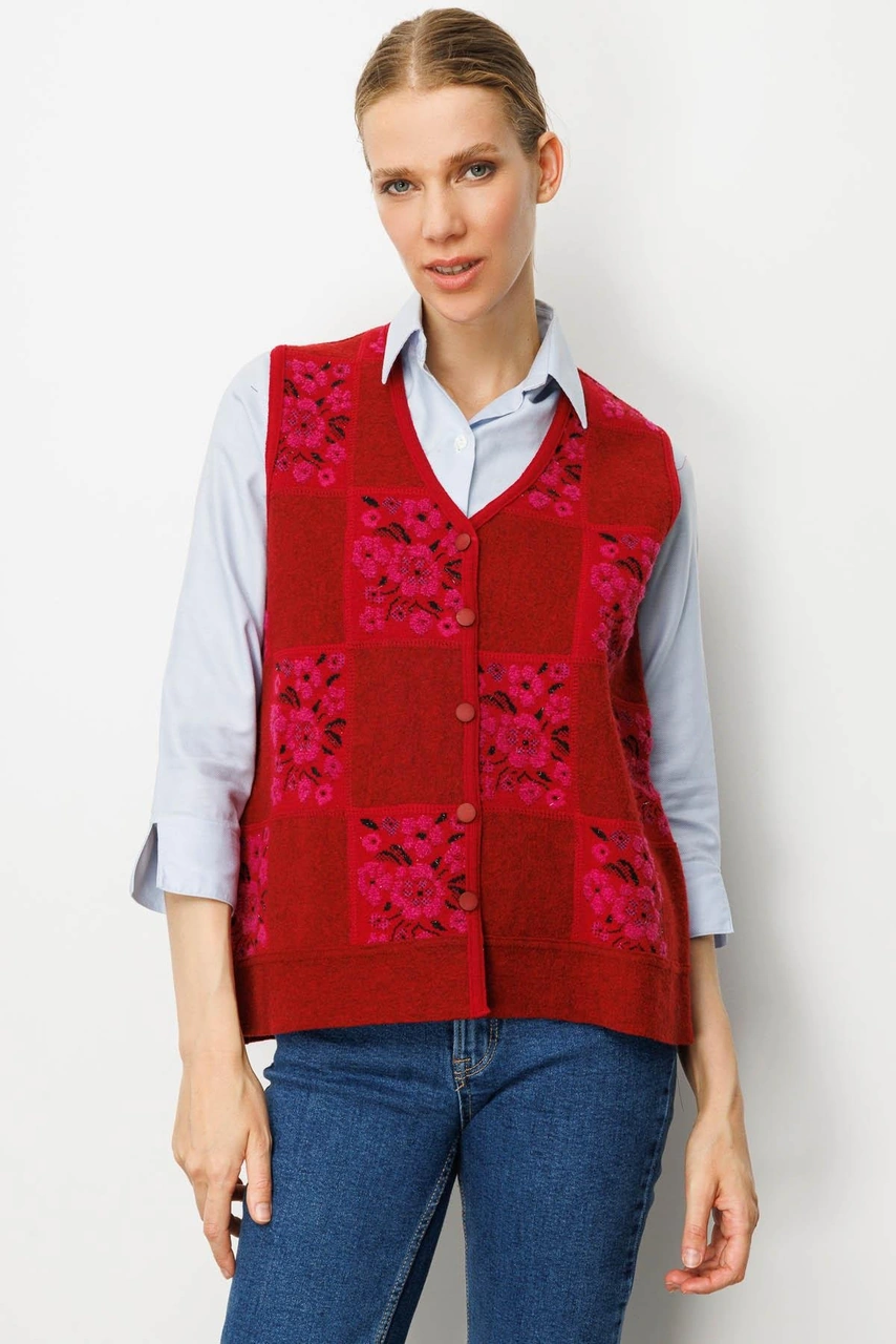 Desen Triko Kadın Pıtırcık Çiçekli Patchwork Keçe Yün Yelek Y.kırmızı Sıklamen Y.kırmızı Sıklamen Desen Triko Kadın Pıtırcık Çiçekli Patchwork Keçe Yün Yelek Y.kırmızı Sıklamen Y.kırmızı Sıklamen
