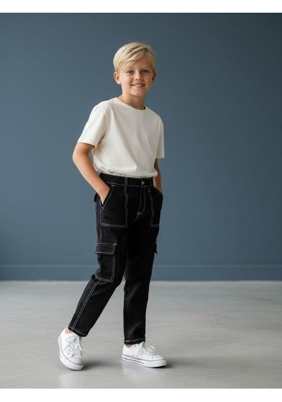 Zekids Çocuk Kargo Cepli Kontrast Dikişli Geniş Paça Pantolon-16618 Siyah Zekids Çocuk Kargo Cepli Kontrast Dikişli Geniş Paça Pantolon-16618 Siyah