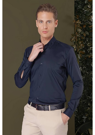 Efor Slim Fit Düğmeli Yaka Esnek Pamuk Klasik Lacivert Gömlek Gk 708 Lacivert