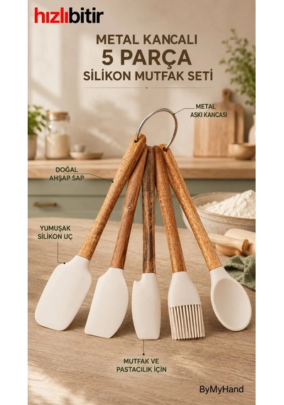 Bymyhand Doğal Ahşap Saplı Slikon Uçlu Slikon Mutfak Ve Pasta Yapım Hazırlık 5'li Set