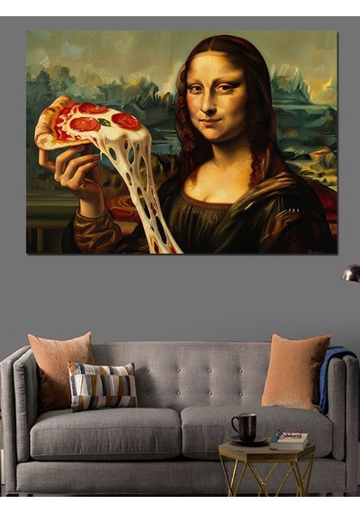 Pizza Dilimi Tutan Mona Lisa Dekoratif Kanvas - Mdf Ahşap Tablo