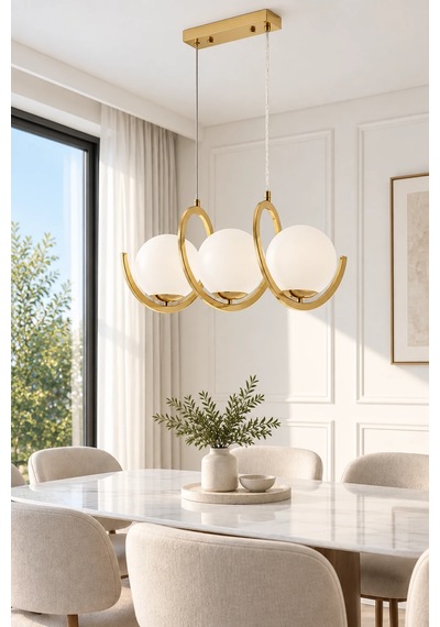 Modern Premium Gold 3'lü Sarkıt Avizesi Ampül Hediyeli Küreli Lüks Salon Mutfak Modelleri E14 Duy