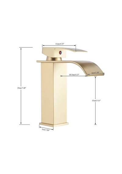 Rena Design Lavabo Bataryasi Mat Gold Şelale Kare Gövde Eğimli Havza Banyo Armatür Çift Giriş Musluk Lüks Ergo