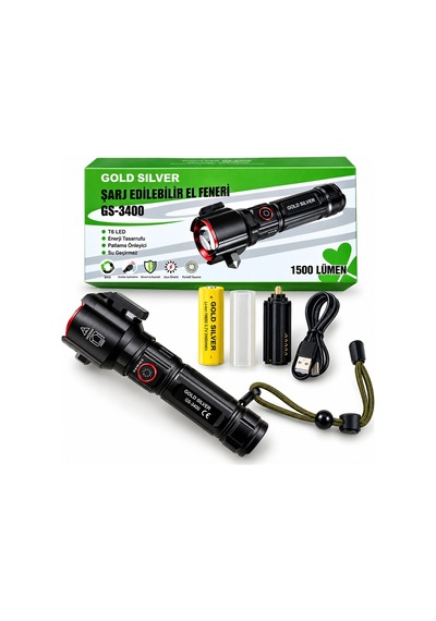 Gs-3400 1500 Lümen Cam Kırma Aparatlı Zoomlu Led Şarj Edilebilir El Feneri Diğer