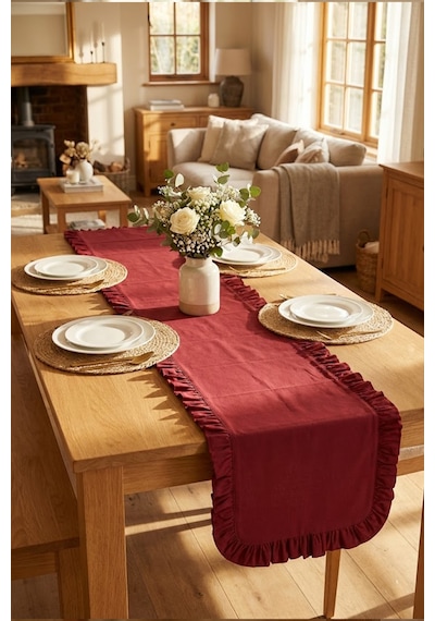 Yunusoğlu Home Fırfırlı Masa Runner 150x50 Cm Şık Dekoratif Masa Örtüsü Bordo