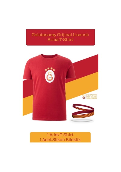 Galatasaray Lisanslı Arma T-shirt + Bileklik Set Ahşap Kutulu 100 Kırmızı