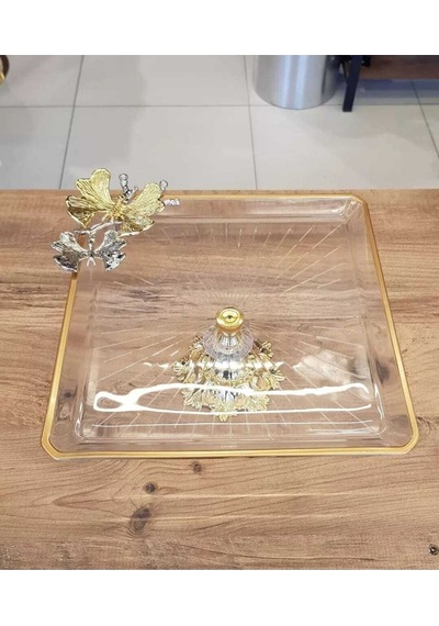 Elta Collection Gold Kelebek Detaylı Şık Ayaklı Kare Sunumluk Ikramlık Kurabiyelik Şeffaf