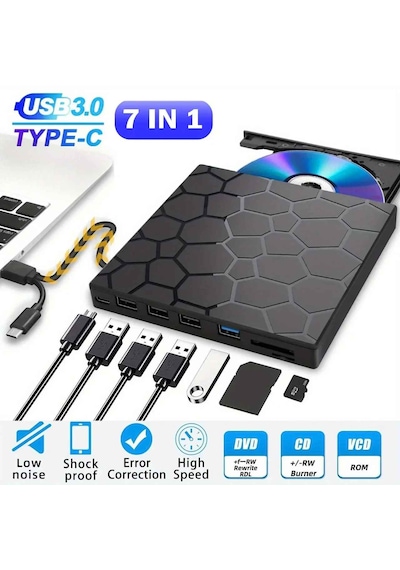 Monozone Harici Cd Dvd Yazıcı Okuyucu Usb 3.0 + Type-c 8 Si 1 Arada Çoklayıcı Hub Sd/tf Kart Destekli