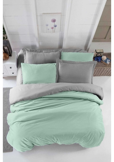 Çift Kişilik Lastikli Çarşaflı Nevresim Takımı Pamuklu Four Season Mint Gri Renkli