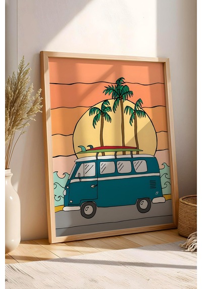 Volkswagen Minibüs İle Plaja Yolculuk Çerçeveli Tablo - Pop Art Poster Tablo