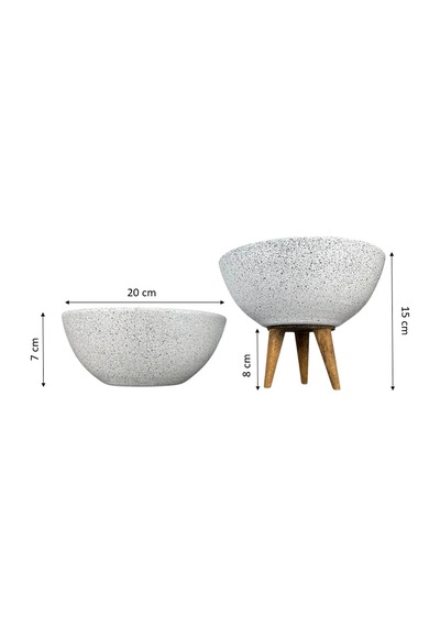 Bitki Tasarımı Ev Dekorasyon Beyaz Granit Aranjman Sunumluk Toprak Saksı Ayaksız Ve 3 Ayaklı İkili Set 20 Cm Çap