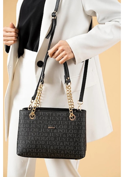 Just Polo Kadın Baskılı Uzun Ayarlanabilir Askılı Şık El Ve Omuz Çantası Shoulder Bag Siyah