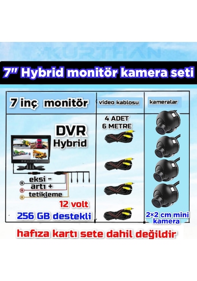 4 Adet 2 2 Cm Mini Kamera Ve 7 İnç Dvr Monitör 12 Volt 256 Gb