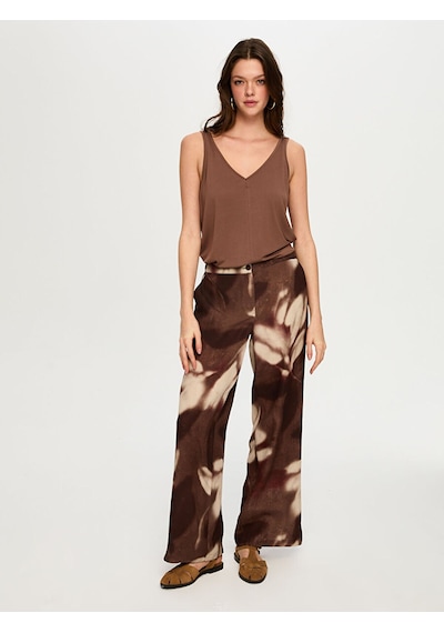 Faik Sönmez Soyut Çiçek Desen Ketenli Wide Leg Fit Pantolon S26pnt035 Us26pnt03530 Kahve