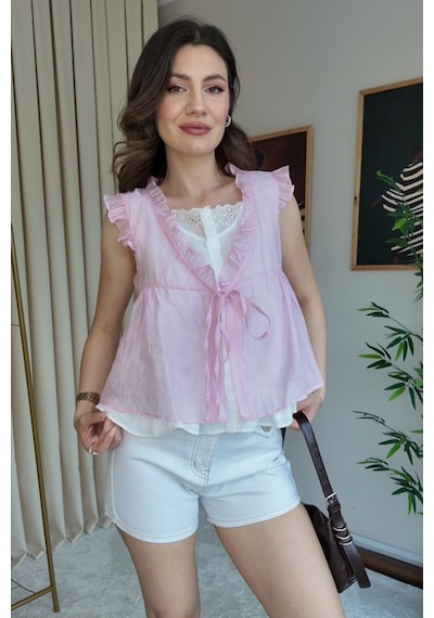 Meecy Kadın Önü Bağcıklı Çift Katlı Gömlek Pembe Pembe