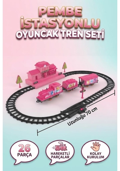 Pembe İstasyonlu Pilli Oyuncak Tren Seti - 26 Parça Hareketli Lokomatif Ve Vagon Seti