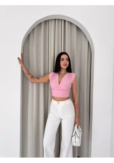 Dogutrend Vatkalı Kolsuz V Yaka Drapeli Crop Bluz Likralı Fit - Pembe