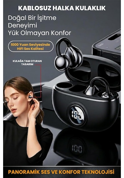 Klipsli Bluetooth Kulaklık Kablosuz Anc Enc Çift Mic. Led Gösterge Küpe Kulaklık - Siyah