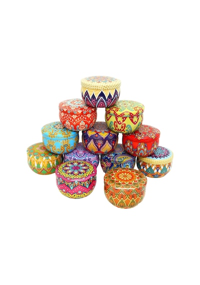 Mandala Desenli Metal Kutuda Orta Boy Kokulu Mum 1 Adet Karışık