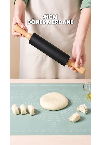 Döner Silikon Merdane - Bambu Saplı - Döner Merdane - Hamur Açıcı - Kolay Temizlenir - Ergonomik Sap