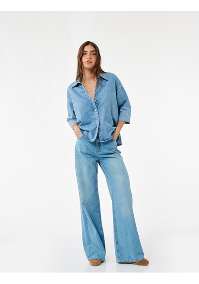 Koton Oversize V Yaka Pamuklu Yarım Kollu Jean Gömlek Açık İndigo 7wal60001md
