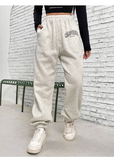 West Coast Eşofman Altı Jogger - Gri Baskılı Lastik Paça Yüksel Bel Gri