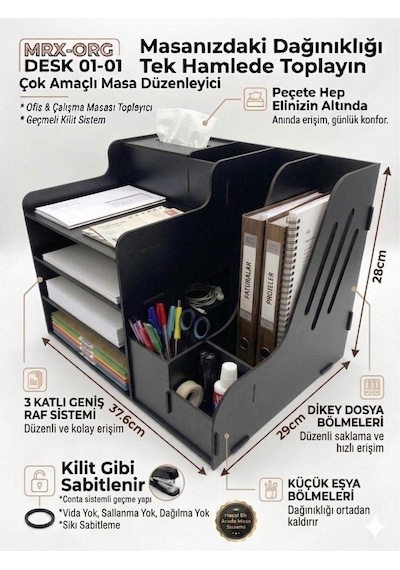 Mrx-org Desk 01 Masaüstü Organizer Peçetelikli Çok Amaçlı Masa Düzenleyici, Raflı Dosyalık Siyah