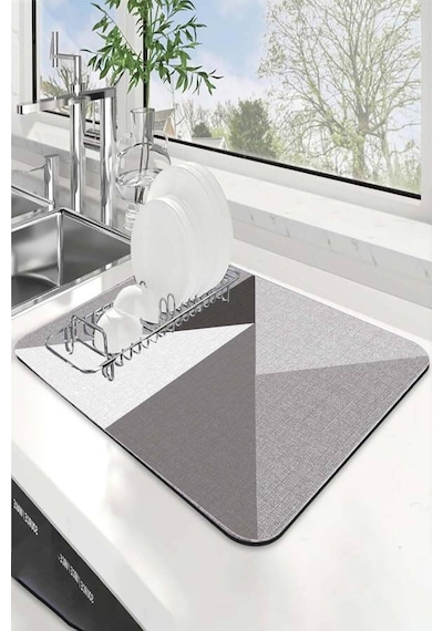Gri Geometrik Microfiber Bulaşık Kurutma Kurulama Matı Mm006n11