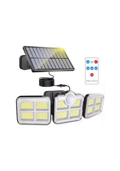 Borayris Güneş Enerjili Solar Hareket Sensörlü 122 Led 3 Kafalı 5 Metre Kablolu Uzaktan Kumandalı Spot Lamba