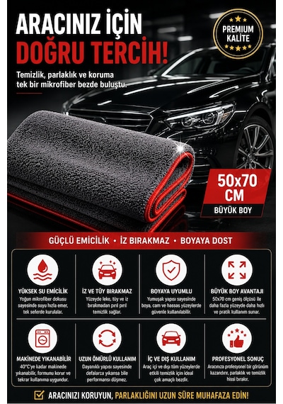450 Gsm Oto Araç Kurulama Bezi Mikrofiber Oto Yıkama Temizlik Bezi Tüy Bırakmaz Gri 50x70 Cm
