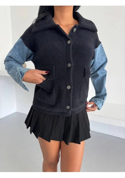 Konus Femme Denim Kol Detaylı Kontrast Ceket Güçlü Stil, Net Duruş - Siyah