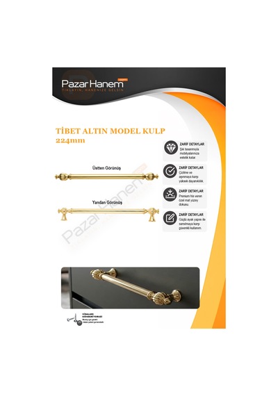 Tibet Model Dolap Çekmece Kulpu Zamak Başlık & Alüminyum Gövde 160mm / 224mm - Tekli Altın 224mm