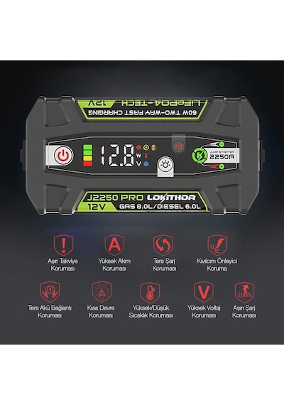 Tr J2250pro 12v 2250amp Lifepo4 Akıllı Akü Takviye + Powerbank + Led Lamba
