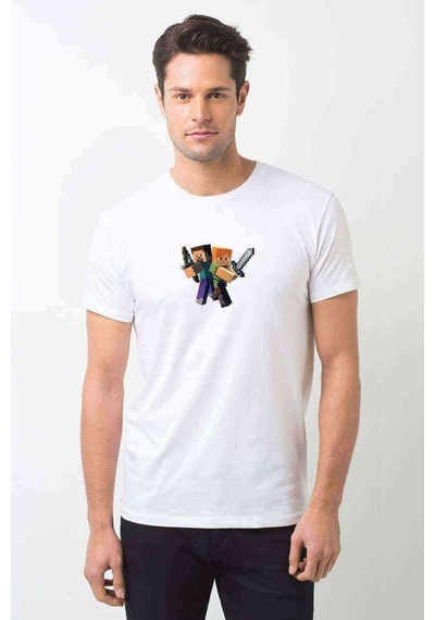 Minecraft Illüstrasyon Baskılı Beyaz Erkek Tshirt