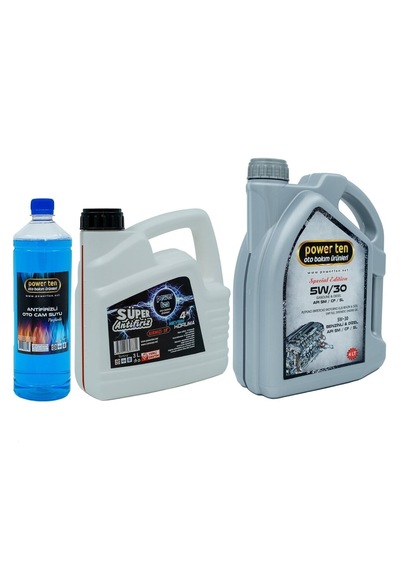 Power Ten 5W30 Motor Yağı 4 L + Kırmızı Antifriz 3 L + Cam Suyu Seti
