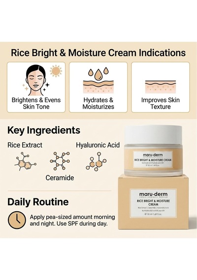 Maruderm Pirinç Özlü Aydınlatıcı & Nemlendirici Krem Seramid & Hyaluronik Asit İle Pürüzsüz Ve Parlak Görünüm İçin Yüz Kremi, 50 Ml