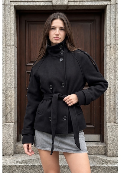 Unika Boutique Kadın Dik Yaka Kuşaklı Kaşe Kısa Kaban Çok Renkli