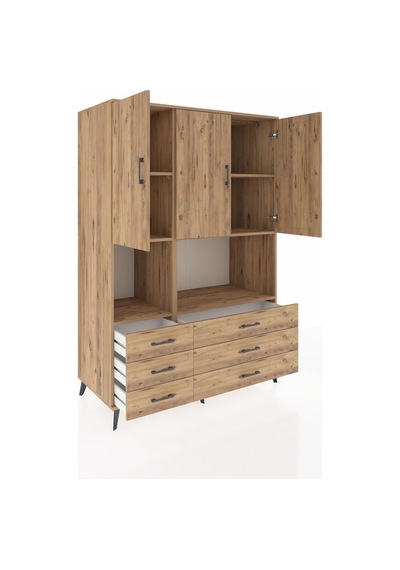 Kronos Dolap 6 Raflı 6 Çekmeceli 3 Kapaklı 132x59x195 Çam-çam/çam Atlas Çam/atlas Çam