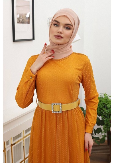 Neşeli Butik Kadın Bisiklet Yaka Puantiyeli Tesettür Elbise Rssn45 - Hardal